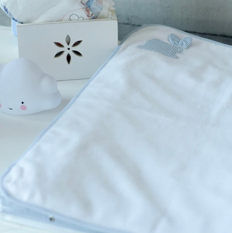 CONJUNTO CAPUCHA + TOALLA MUDADOR RAYAS CELESTE