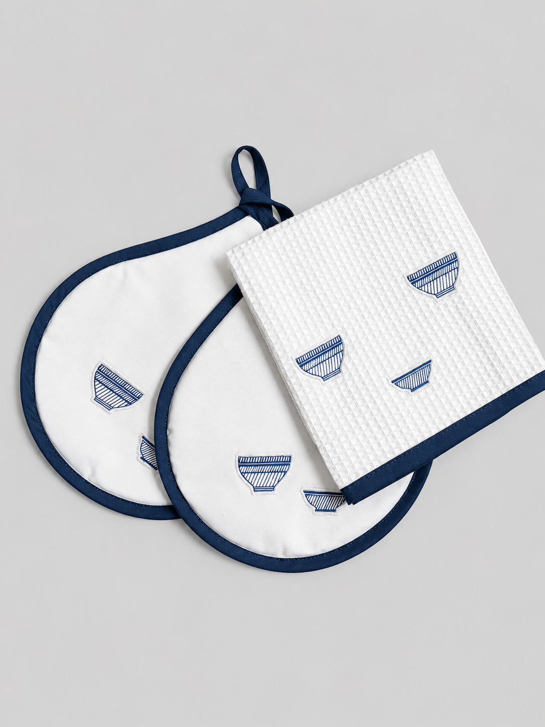SET PAÑO DE COCINA CON TOMA OLLAS PORCE AZUL