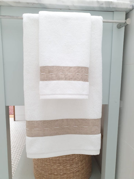 CONJUNTO TOALLA MANO-VISITA PESPUNTE A MANO BEIGE