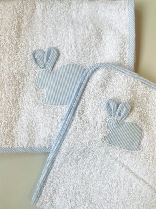 CONJUNTO CAPUCHA + TOALLA MUDADOR RAYAS CELESTE