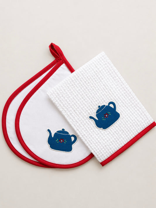 SET PAÑO DE COCINA CON TOMA OLLAS TETERA ROJO