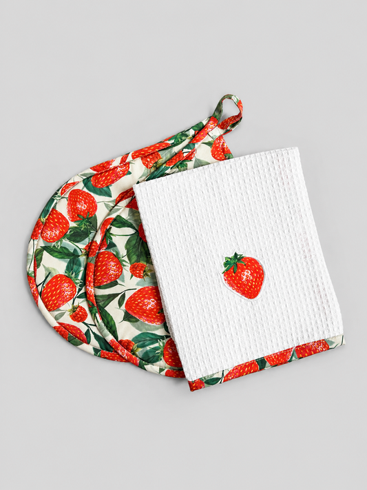 SET PAÑO DE COCINA CON TOMA OLLAS FRUTILLA
