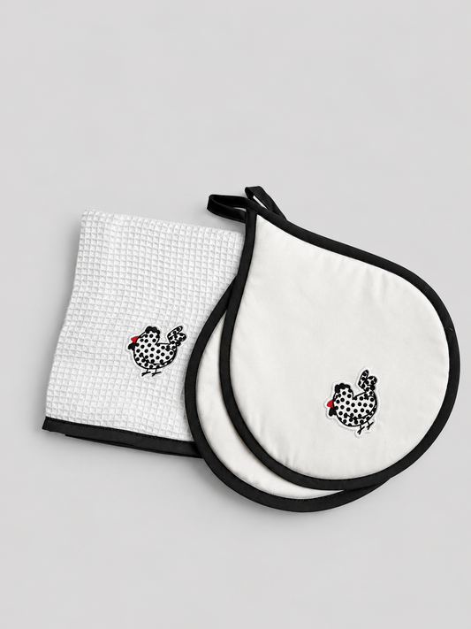 SET PAÑO DE COCINA CON TOMA OLLAS GALLINAS