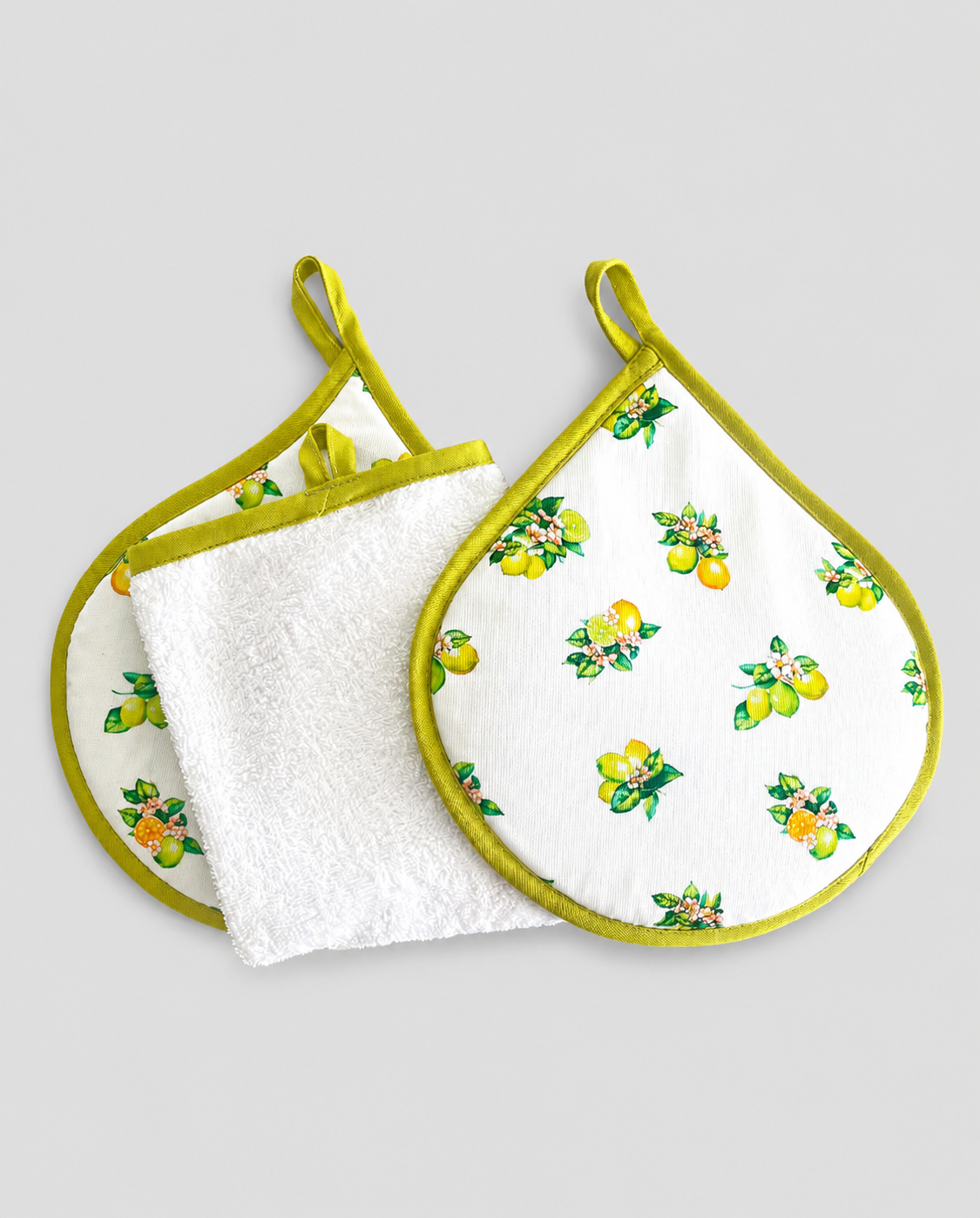 SET PAÑO DE COCINA CON TOMA OLLAS LIMONES 2